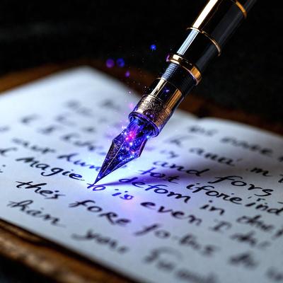The primary subject of the image is a fountain pen writing on a piece of paper. The setting is a desk, and the visual style is a close-up of the pen and paper. The colors and mood of the image are predominantly black and white, giving it a classic and elegant appearance.